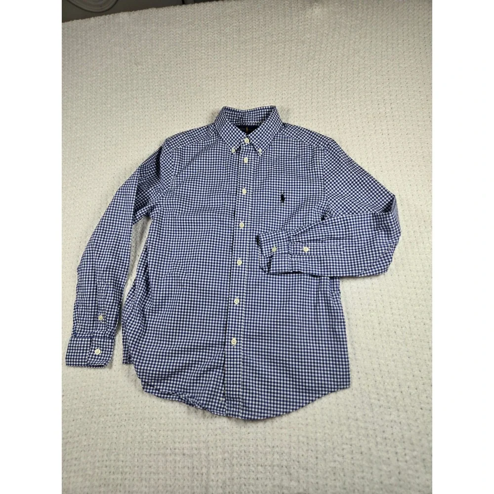 Ralph Lauren Boys Blue White Gingham Button Down Shirt Natural Stretch L 14-16